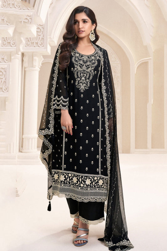 Black kameez shalwar full front view with embroidery