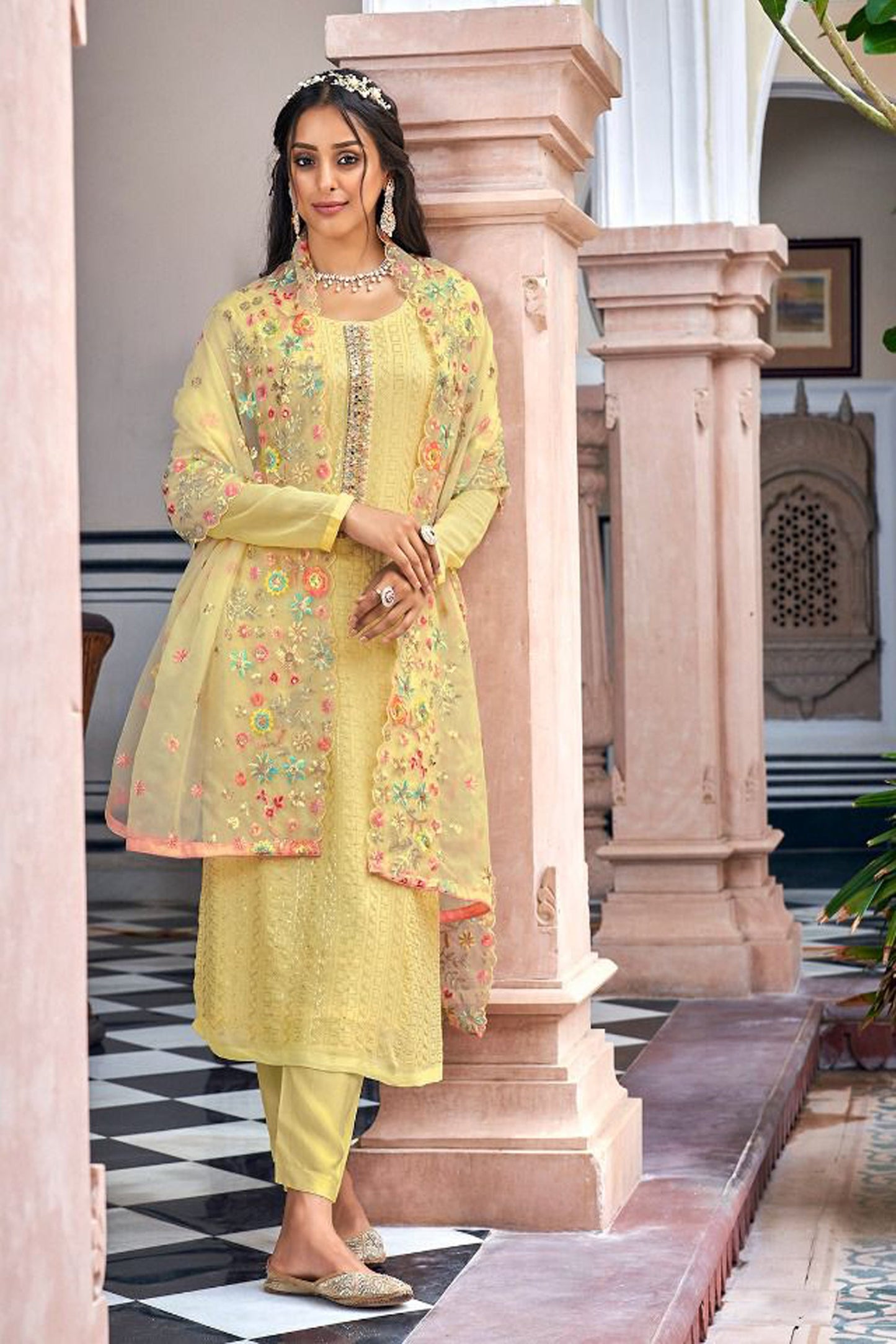 Yellow salwar kameez is bright and happy. Good for haldi or sunny events. 