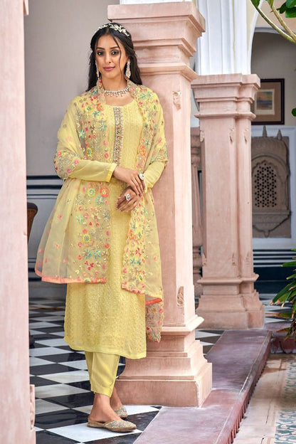 Yellow salwar kameez is bright and happy. Good for haldi or sunny events. 