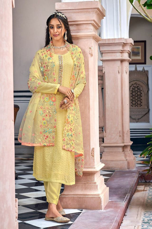 Yellow salwar kameez is bright and happy. Good for haldi or sunny events. 