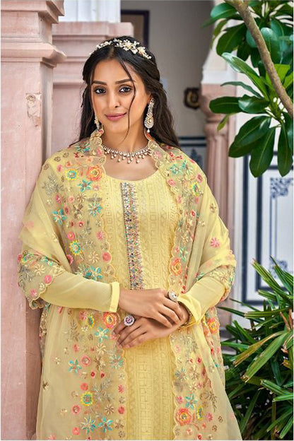 Yellow salwar kameez is bright and happy. Good for haldi or sunny events. 
