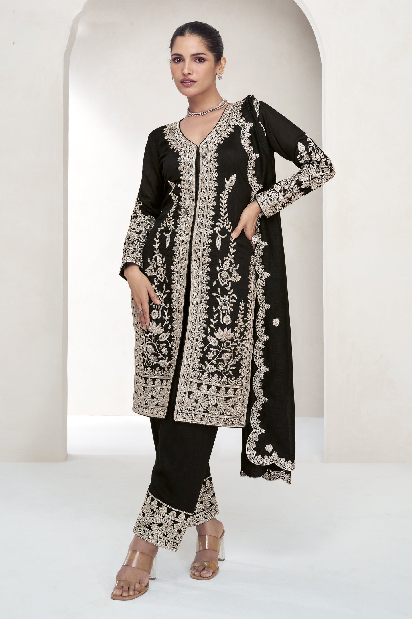 black kameez shalwar full front view with embroidery