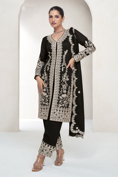 black kameez shalwar full front view with embroidery