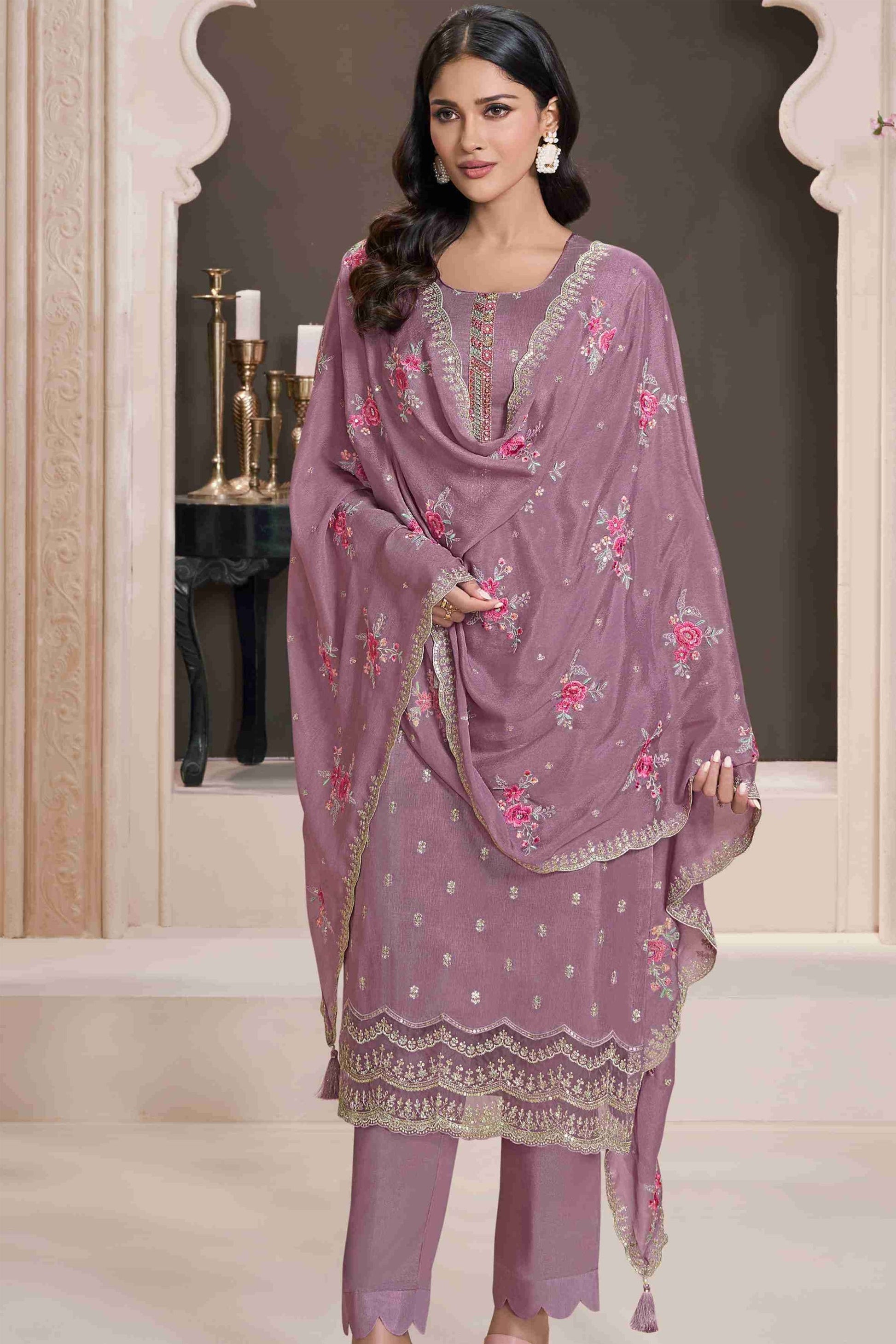 dusty pink kameez shalwar front view in silk