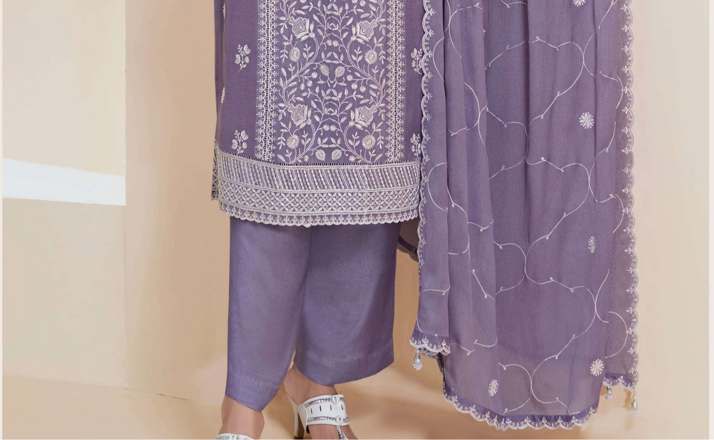 Close-up of chinon texture on purple salwar kameez