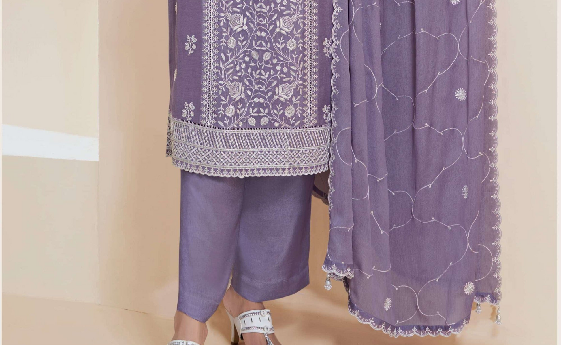Close-up of chinon texture on purple salwar kameez