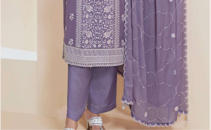 Close-up of chinon texture on purple salwar kameez