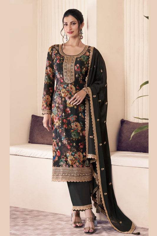 Black shalwaar kameez front view with embroidered detailing