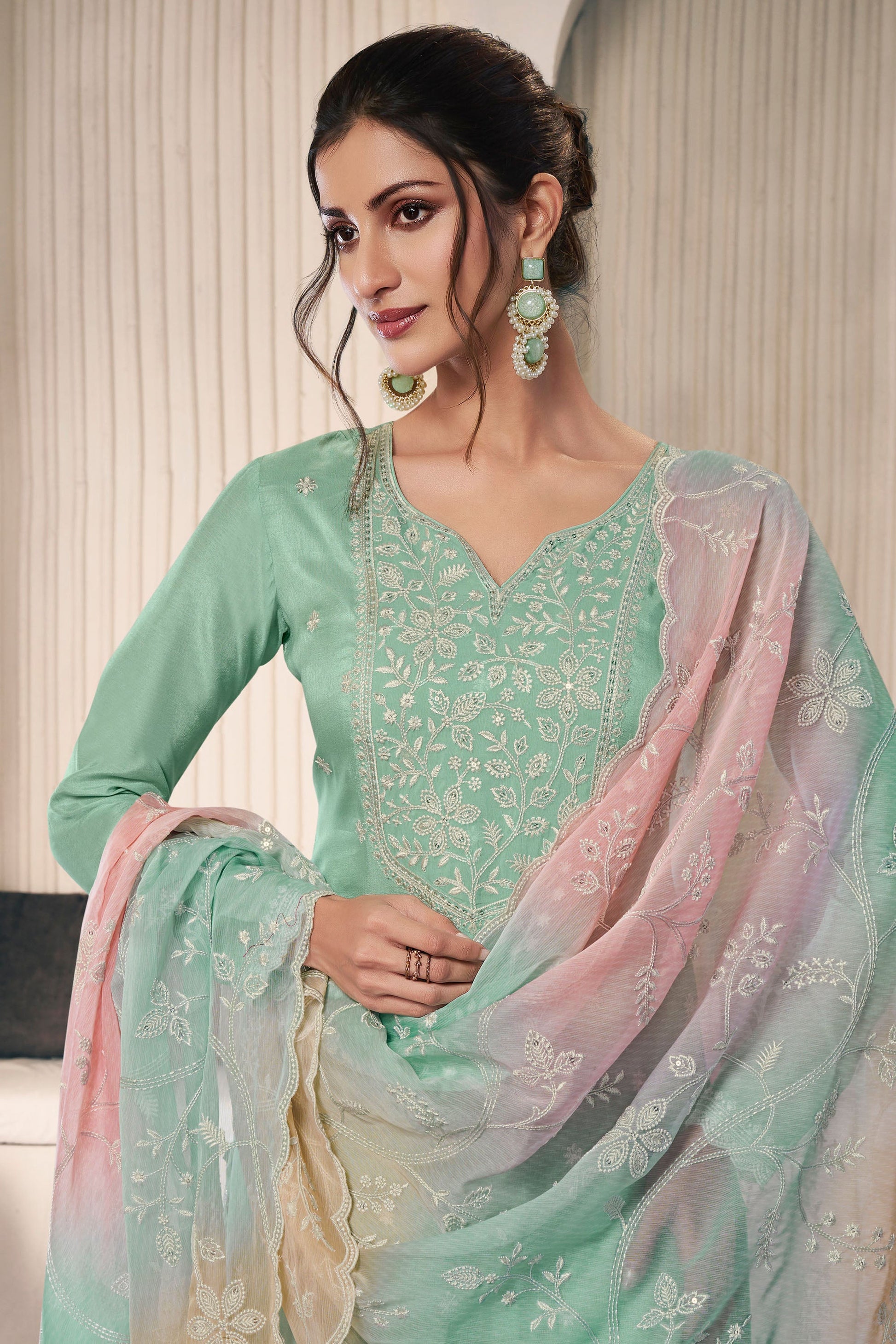 indian wedding salwar kameez outfit in light green shade