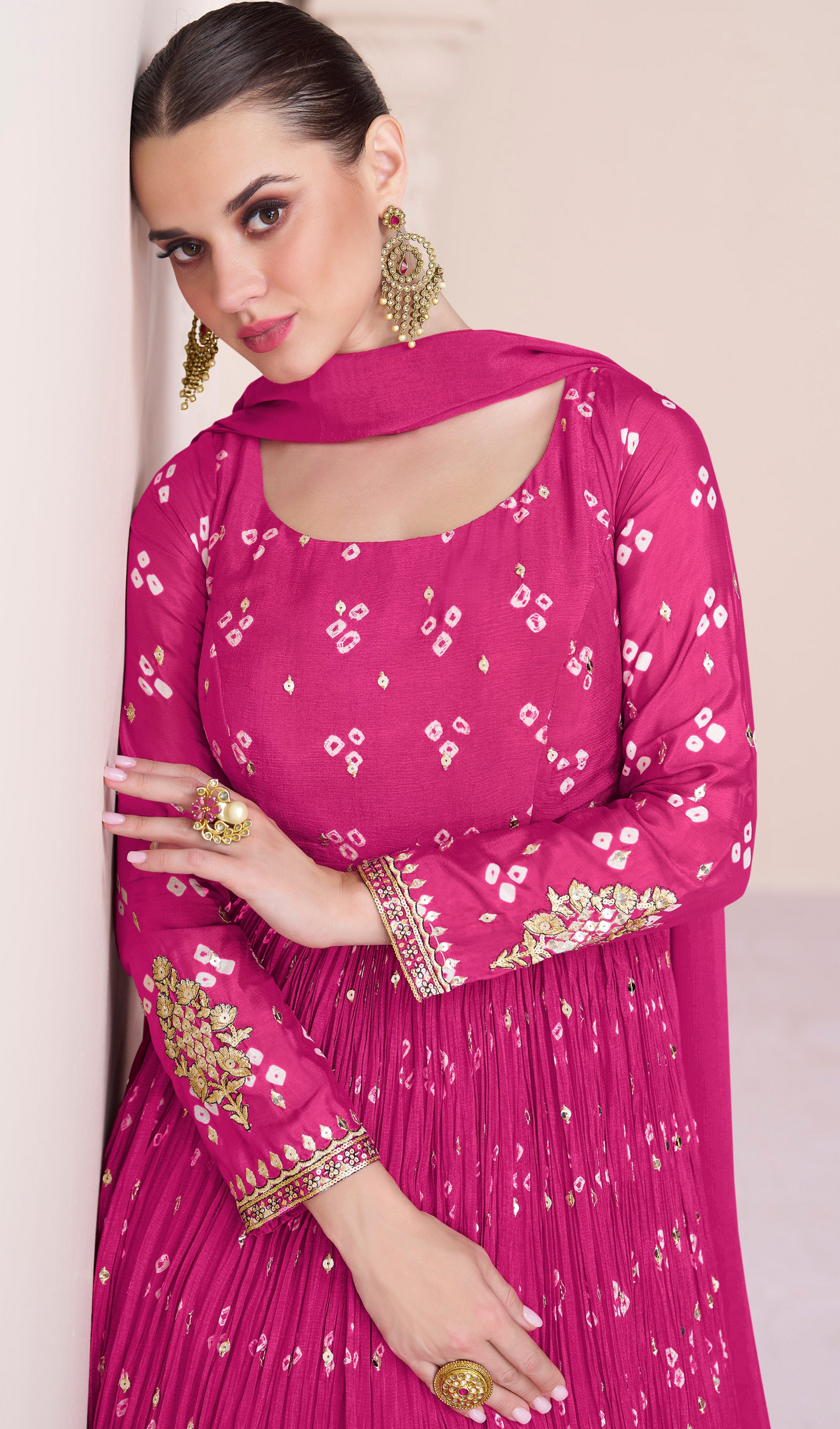 Pink Wedding Anarkali Dupatta Gown With Heavy Embroidery Work For Indian Party Suit