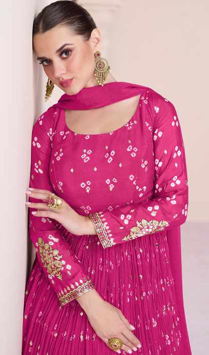 Pink Wedding Anarkali Dupatta Gown With Heavy Embroidery Work For Indian Party Suit