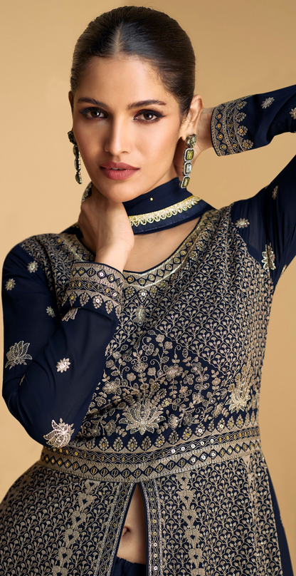 Anarkali Indian Dressesâ€‹ Navy Blue Embroidered Worked Gown For Women's Wear
