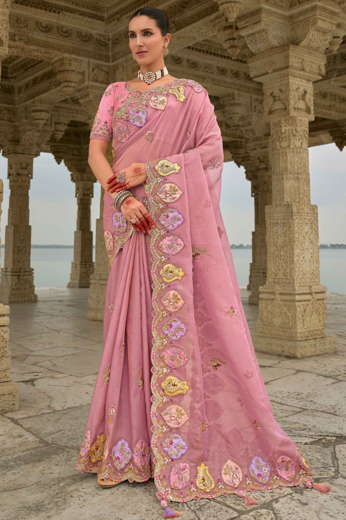 Pink Saree reflects softness and charm – perfect for graceful day functions. 