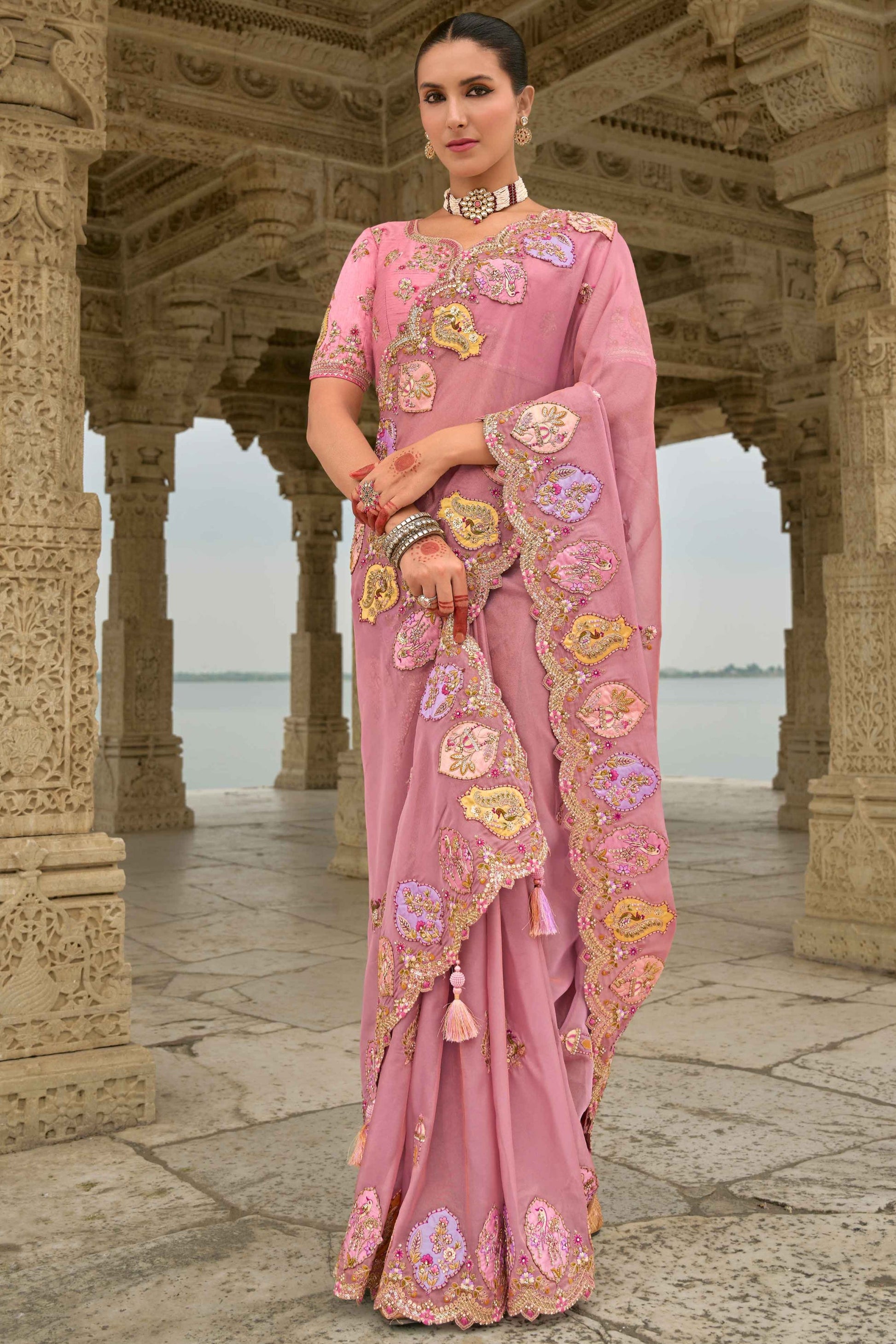 Pink Saree reflects softness and charm – perfect for graceful day functions. 