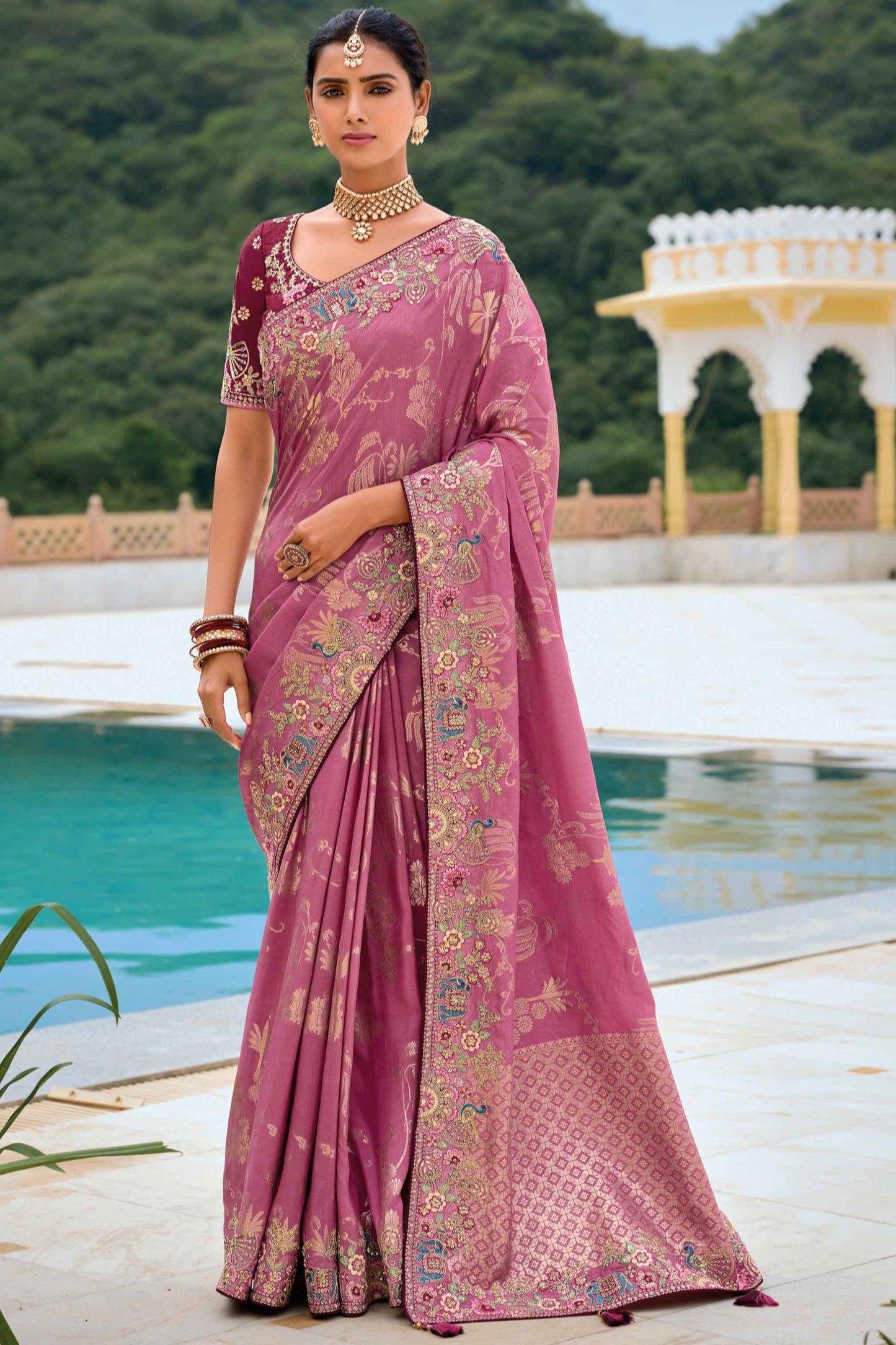 Pink Saree reflects softness and charm – perfect for graceful day functions. 
