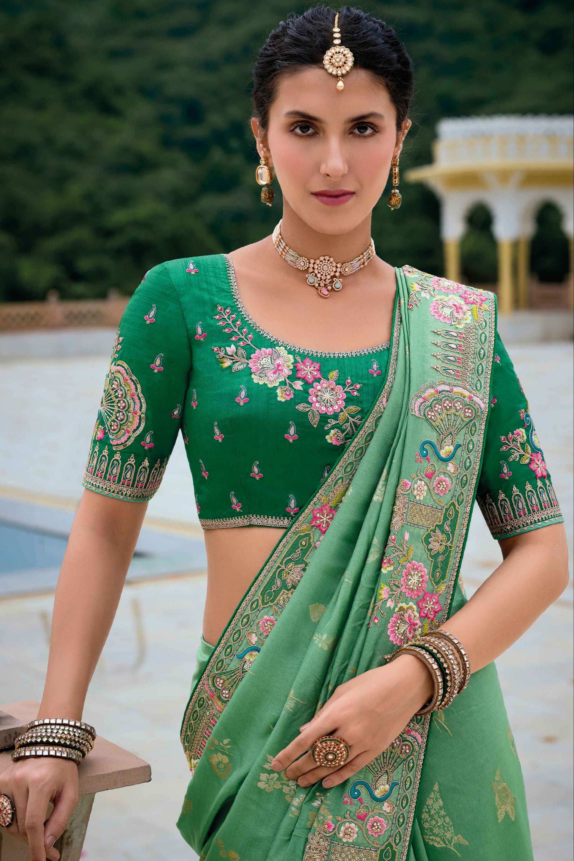 Green Saree symbolizes freshness and festivity – great for Mehndi or family gatherings. 