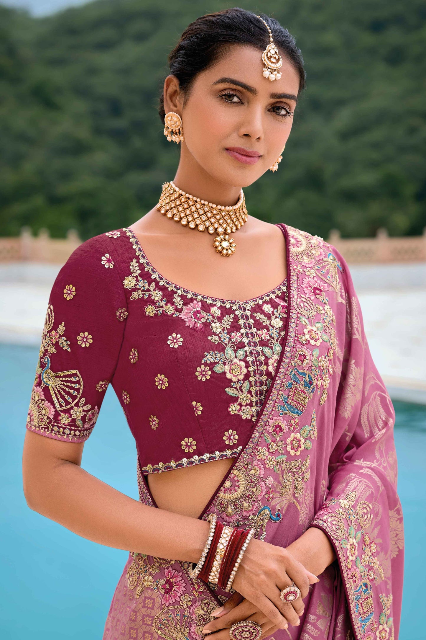 Pink Saree reflects softness and charm – perfect for graceful day functions. 