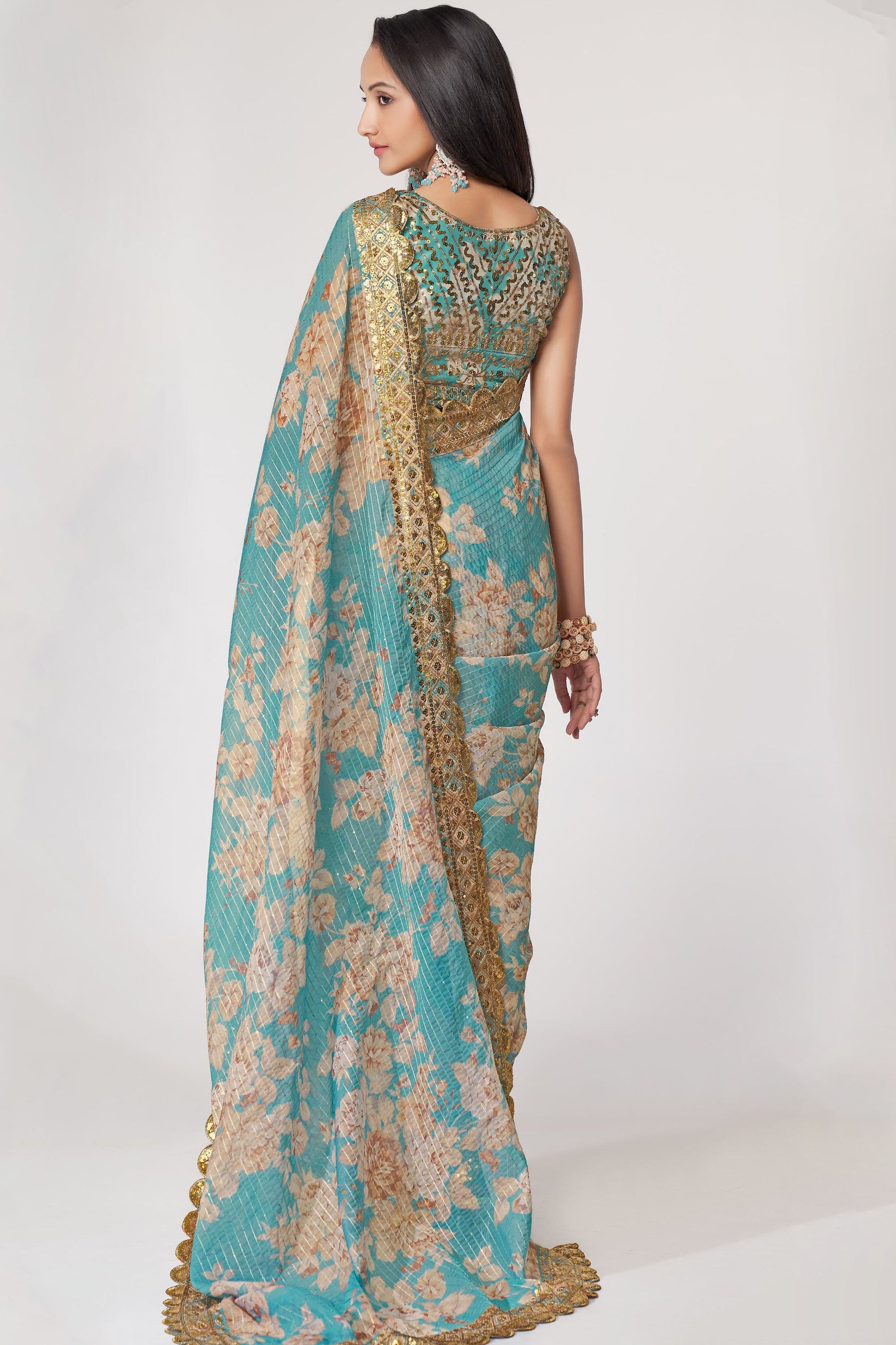 Sky Blue Saree brings breezy freshness – perfect for casual days and summer events. 