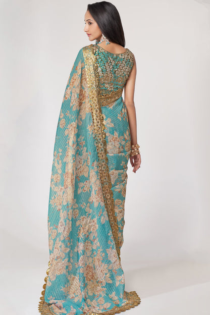 Sky Blue Saree brings breezy freshness – perfect for casual days and summer events. 