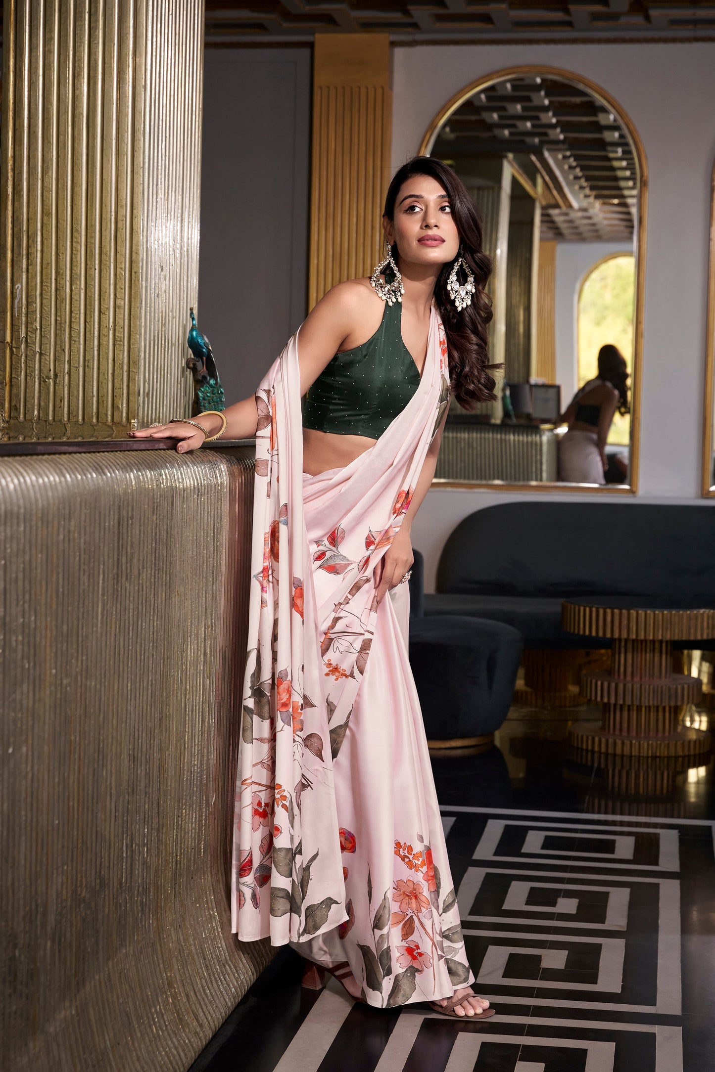 Pink Saree reflects softness and charm – perfect for graceful day functions. 