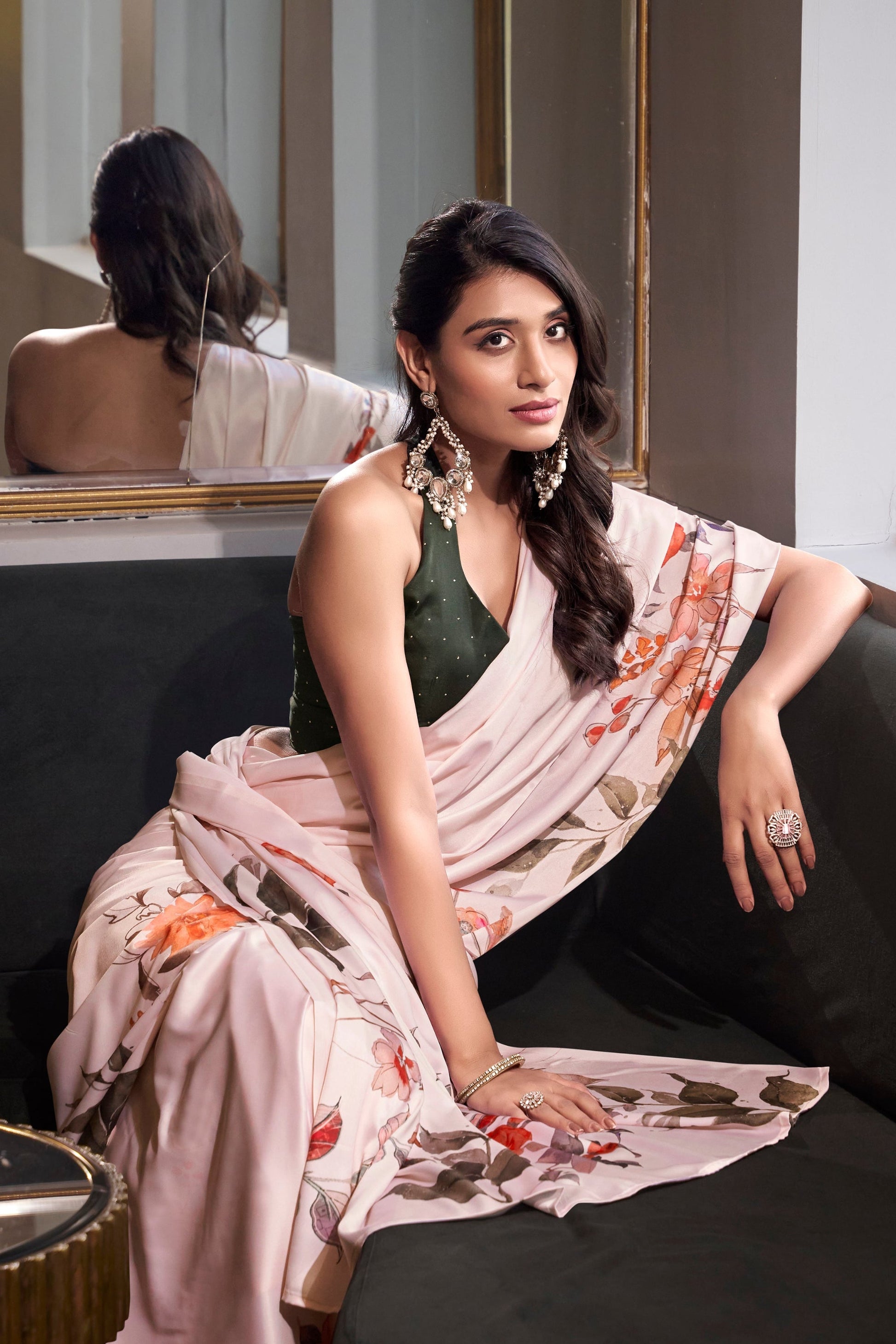 Pink Saree reflects softness and charm – perfect for graceful day functions. 