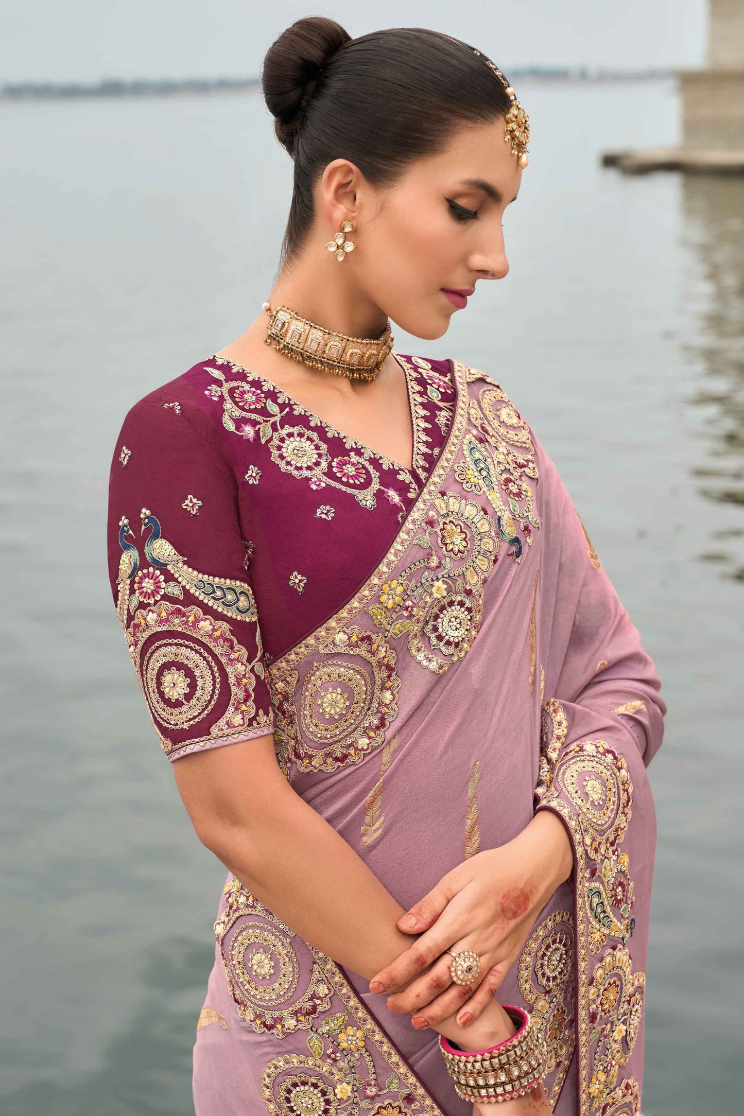 Lavender Saree radiates soft elegance and tranquility – perfect for romantic events, spring celebrations, or relaxing afternoons. 