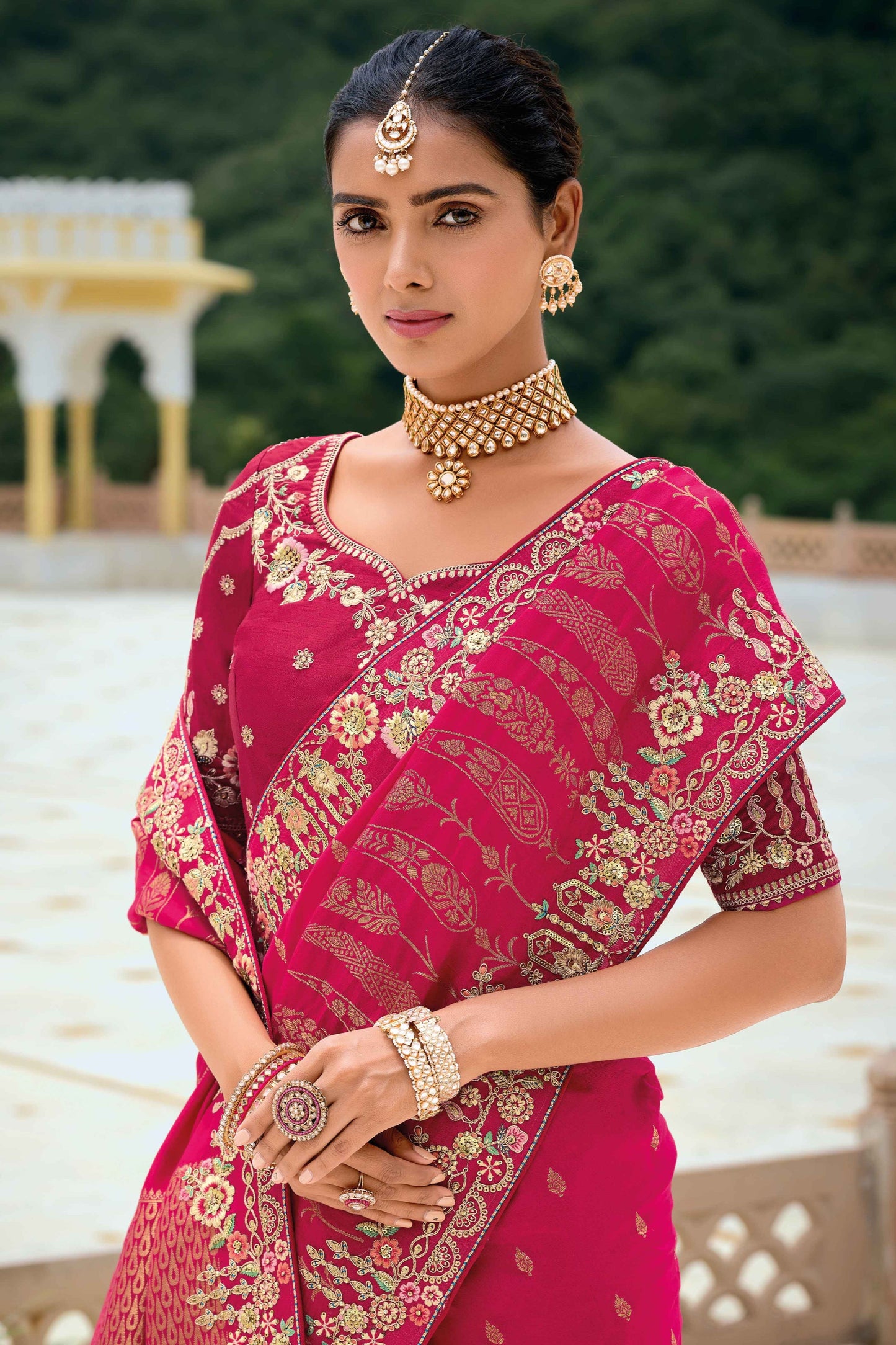 Pink Saree reflects softness and charm – perfect for graceful day functions. 