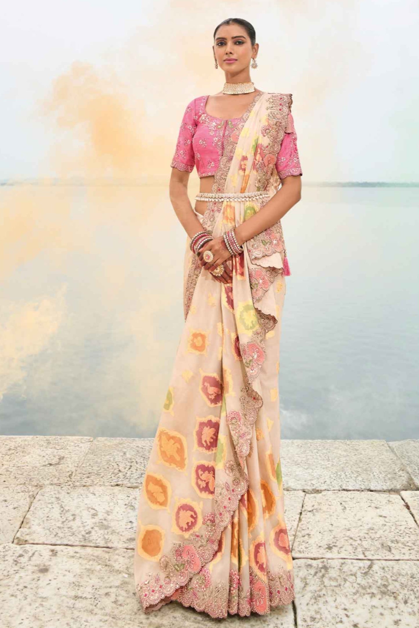 Off White Saree stands for purity and class – ideal for serene and sacred events. 