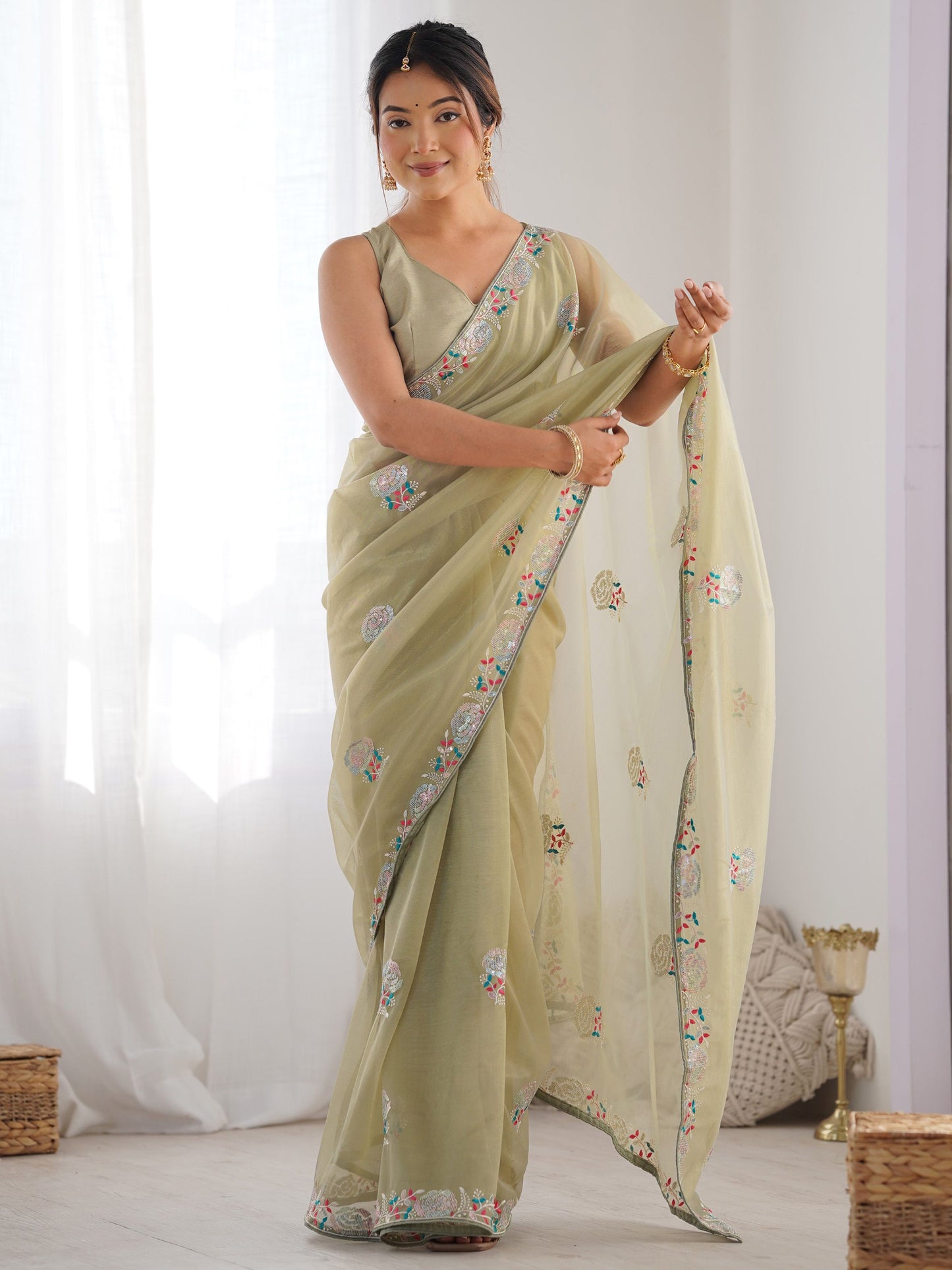 Pistachio Green Saree exudes calm elegance and freshness – ideal for weddings, Eid, or summer gatherings. 