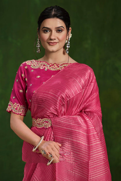 Pink Saree reflects softness and charm â€“ perfect for graceful day functions. 