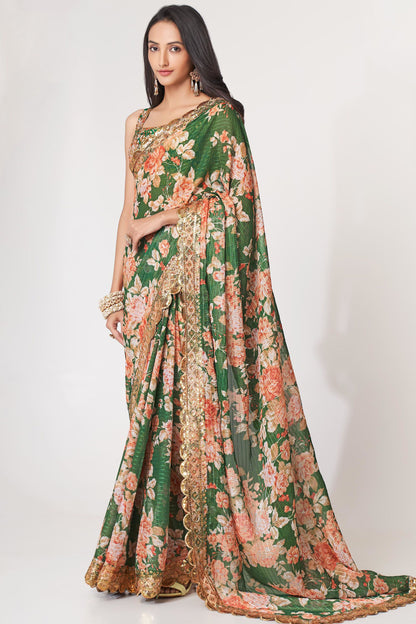 Green Saree symbolizes freshness and festivity – great for Mehndi or family gatherings. 