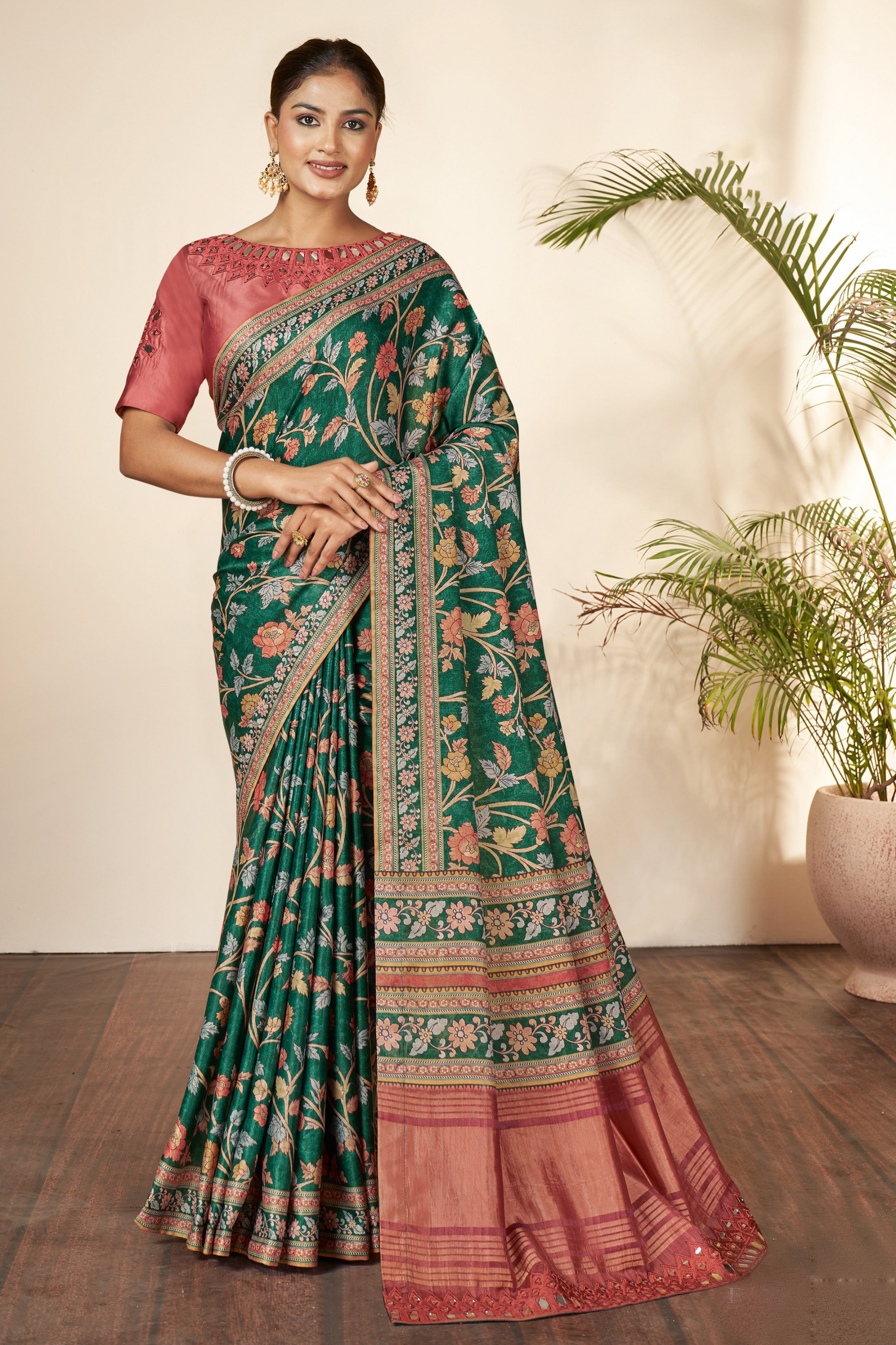 Green Saree symbolizes freshness and festivity â€“ great for Mehndi or family gatherings. 
