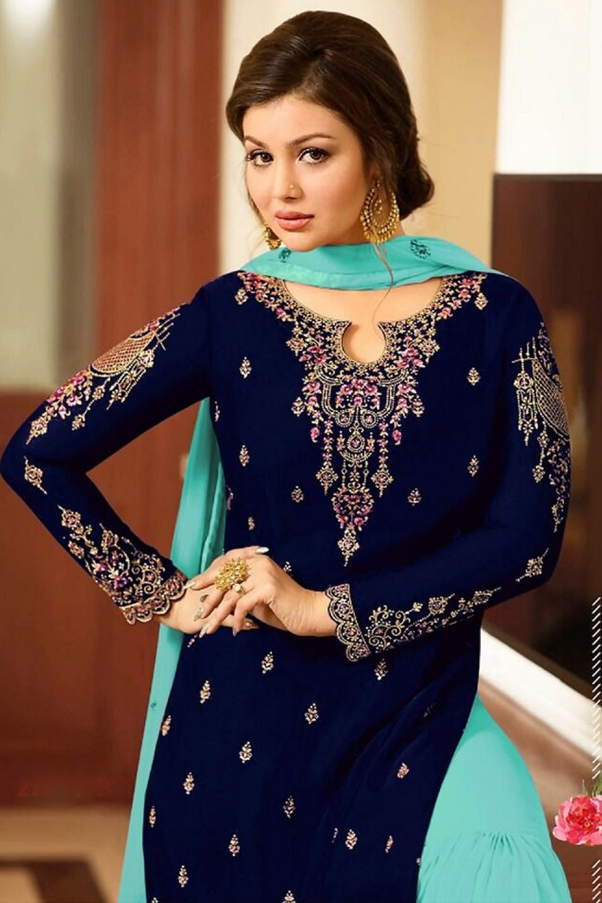 Navy blue plus size sharara suits with flowing georgette fabric