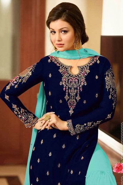 Navy blue plus size sharara suits with flowing georgette fabric