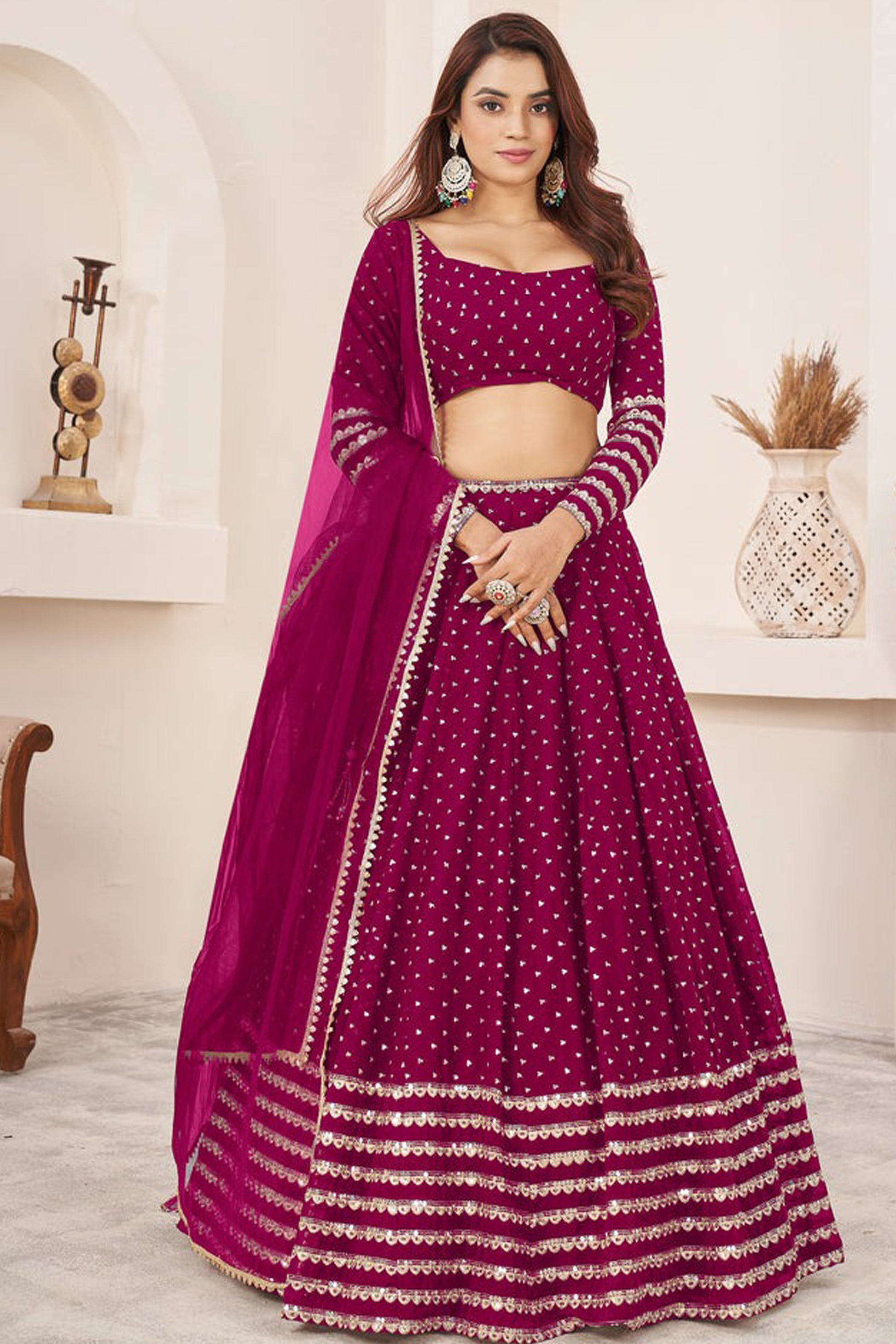 "Celebrate traditions in the USA with our lehengas." 