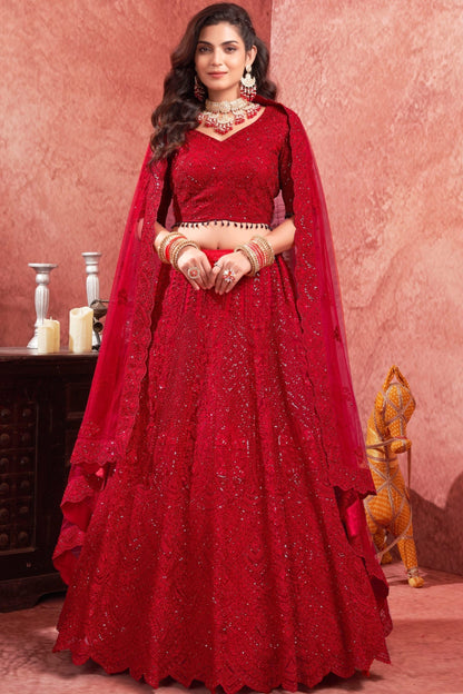 "Runway Red: Statement Bridal Lehenga with Contemporary Flair"