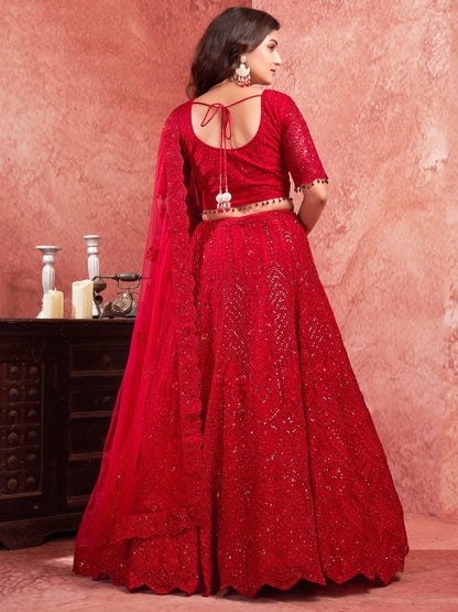 "Runway Red: Statement Bridal Lehenga with Contemporary Flair"