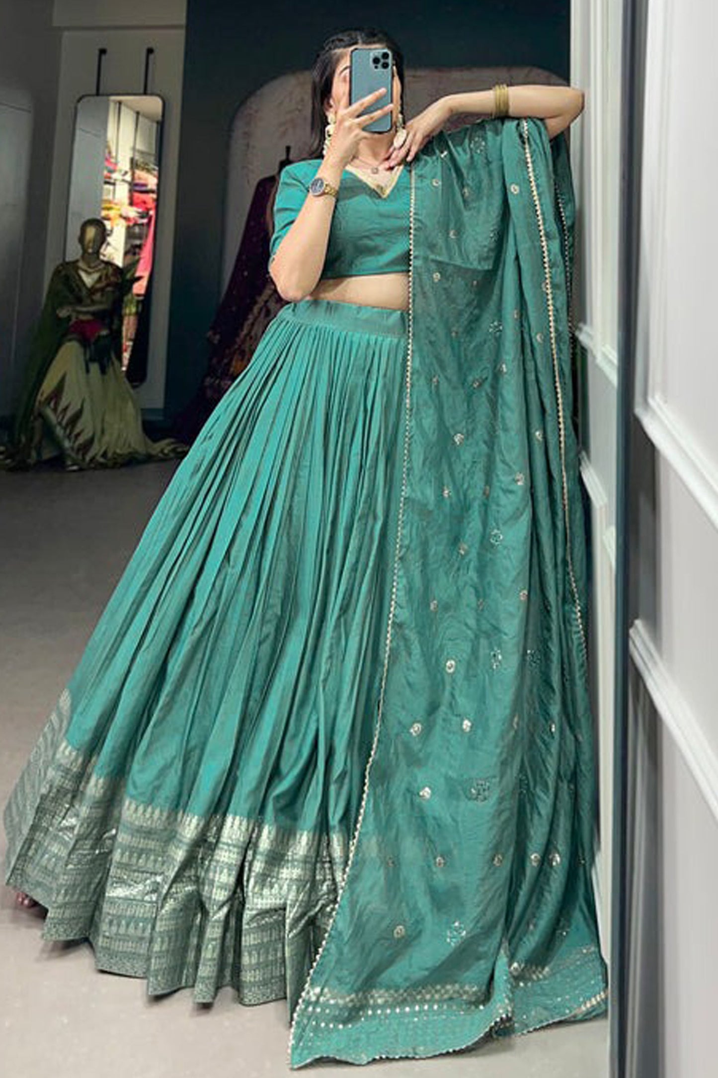 Delicate Style Weaving Work Cyan Color Lehenga For Special Festival