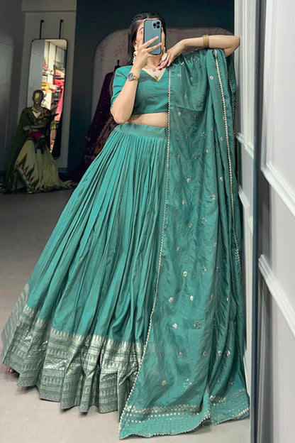 Delicate Style Weaving Work Cyan Color Lehenga For Special Festival