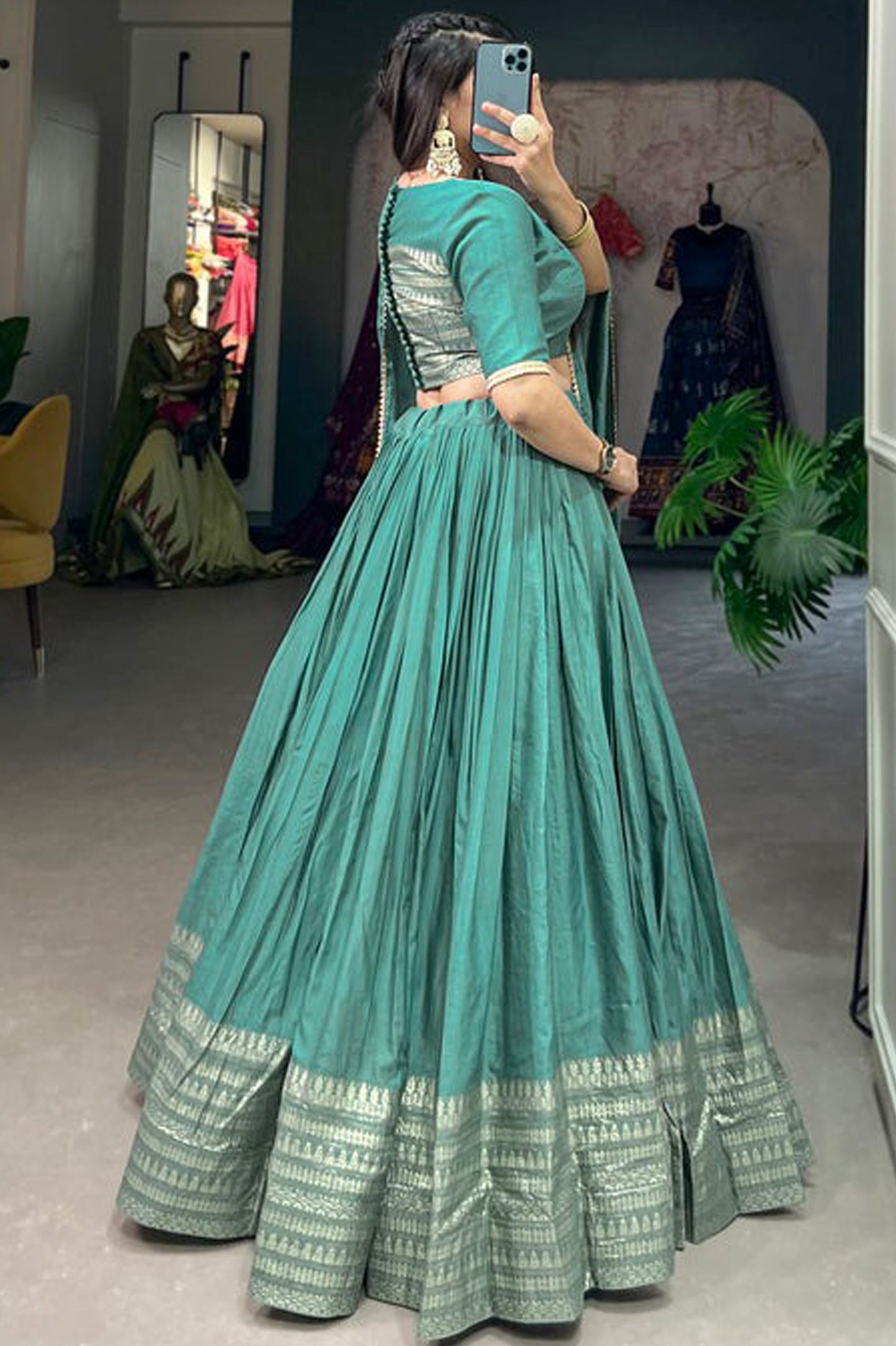 Delicate Style Weaving Work Cyan Color Lehenga For Special Festival