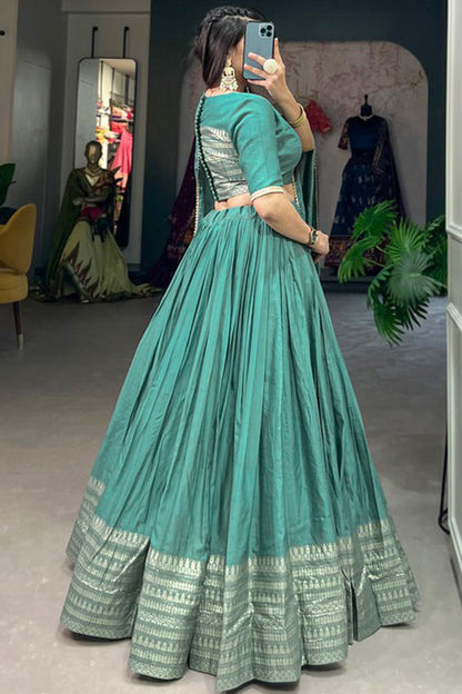 Delicate Style Weaving Work Cyan Color Lehenga For Special Festival