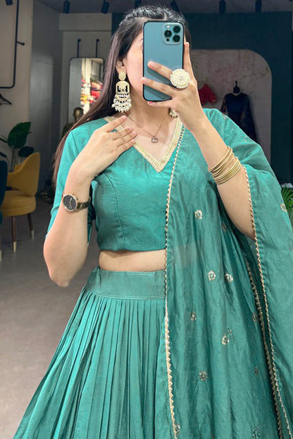Delicate Style Weaving Work Cyan Color Lehenga For Special Festival
