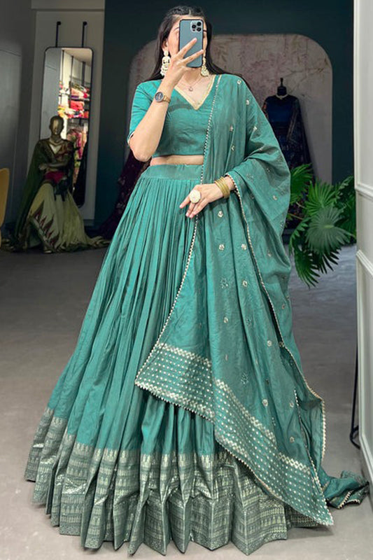 Delicate Style Weaving Work Cyan Color Lehenga For Special Festival