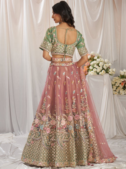 Pink bridal silk lehenga with mirror work luxury design