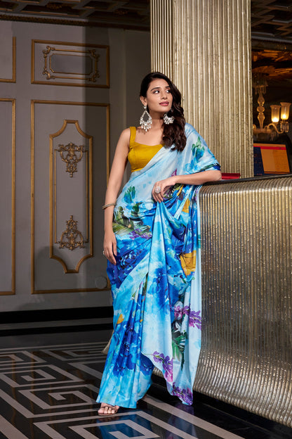 Elegant Blue Saree Featuring All-Over Floral Print Design