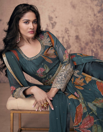 Reception-Wedding Special Teal Blue Real Georgette Pakistani Anarkali Dresses With Dupatta