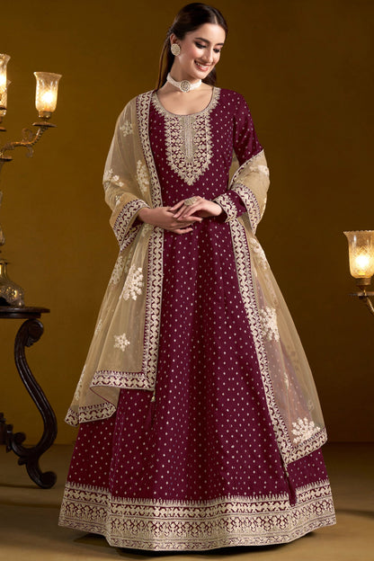 Wine Anarkali Gown With Dupatta For Wedding Reception Embroidered Worked Suit
