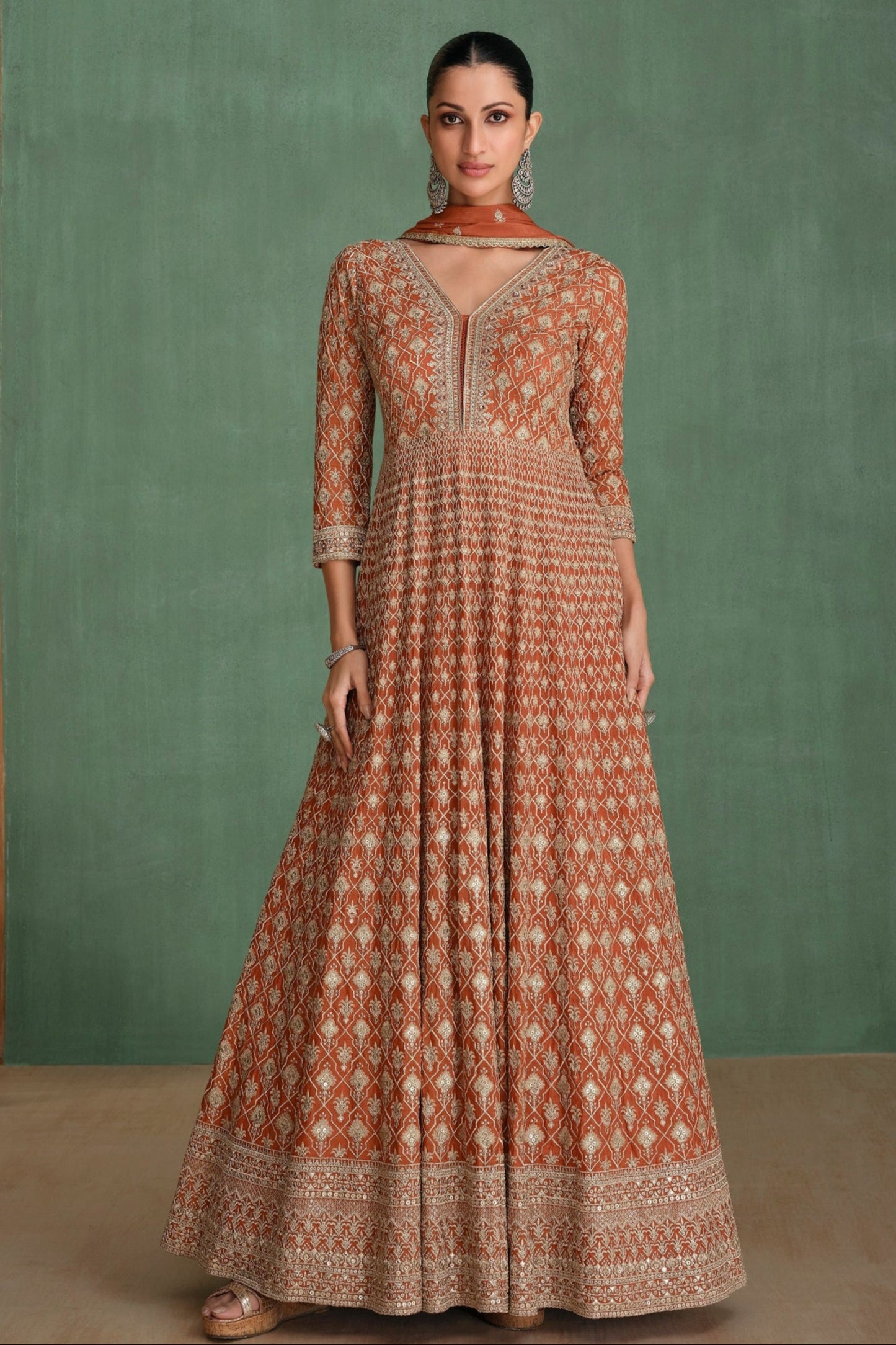 Orange Anarkali Suit Chinon Silk for Party Wear Dupatta Dresses for Canada Women's 