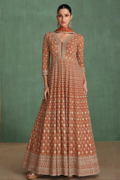 Orange Anarkali Suit Chinon Silk for Party Wear Dupatta Dresses for Canada Women's 