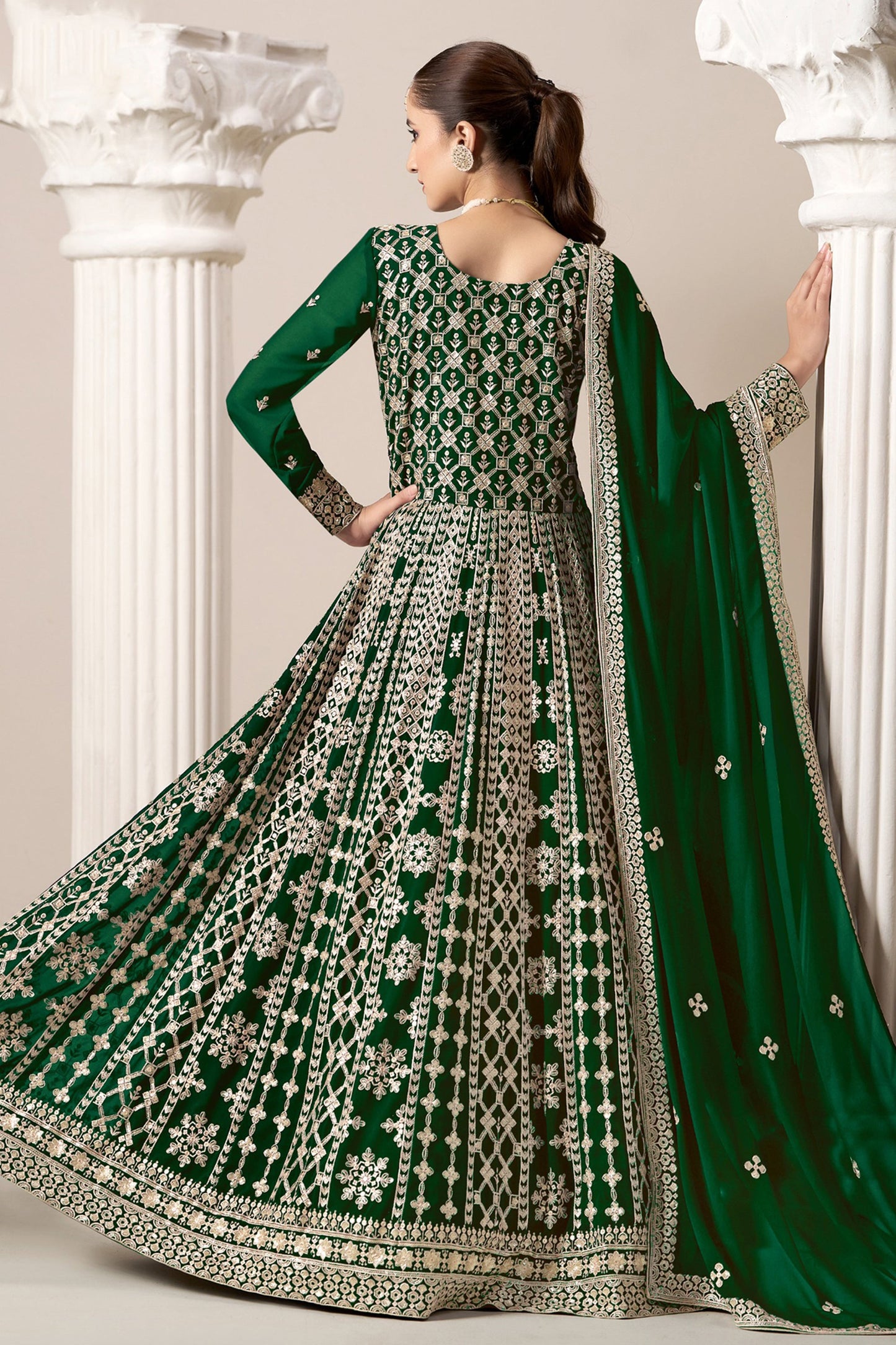 Green Anarkali Suit Embroidery Worked Dupatta Suit for USA Women's